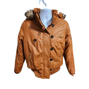 Rocawear Women's Bomber Hooded Jacket XL Brown Faux Fur and Leather‎